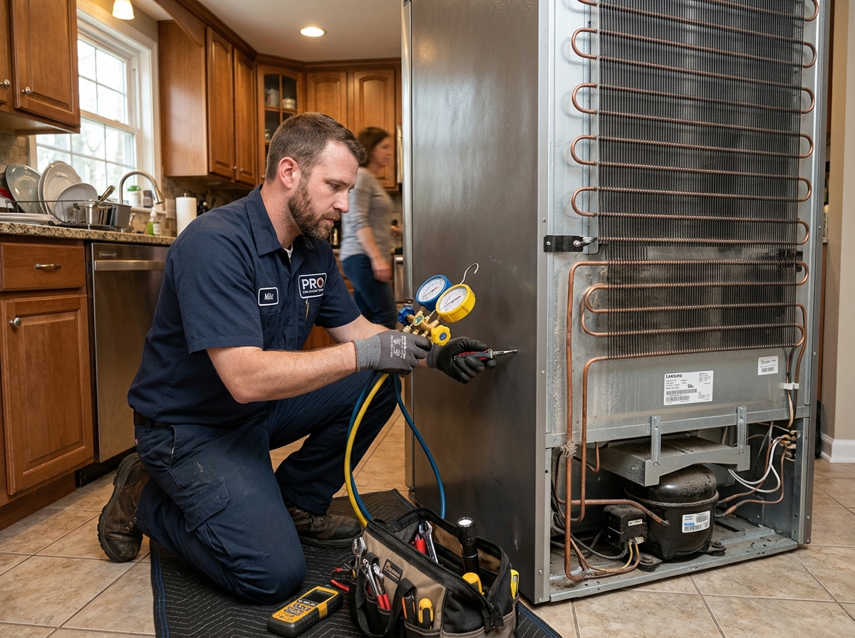 Technician servicing refrigerator compressor and copper coils