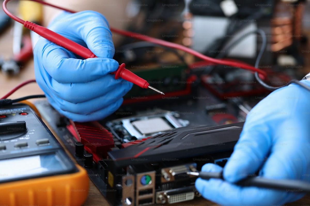 Electronics technician testing circuit board with multimeter