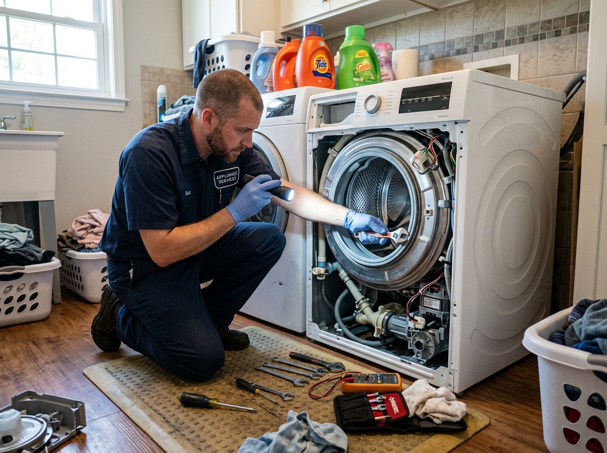 Technician servicing washing machine drum and plumbing